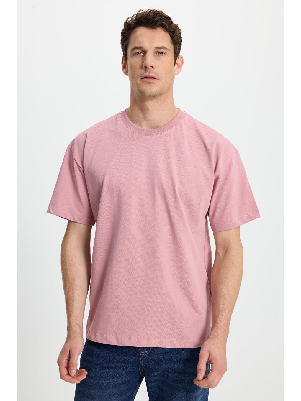 Erkek Boxy Fit Bol Kesim %100 Pamuk Bisiklet Yaka Lila Tişört-1