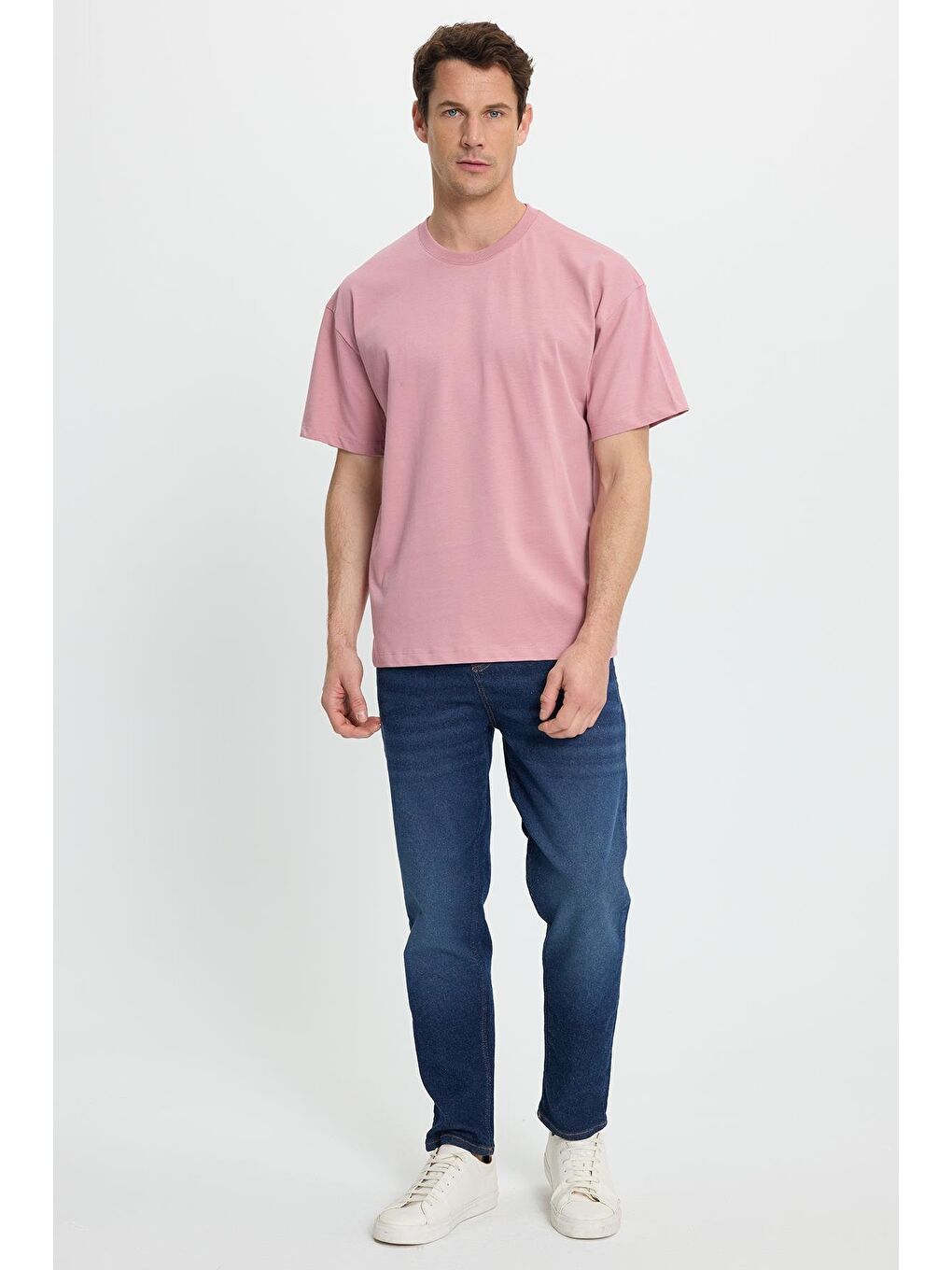 Erkek Boxy Fit Bol Kesim %100 Pamuk Bisiklet Yaka Lila Tişört-3