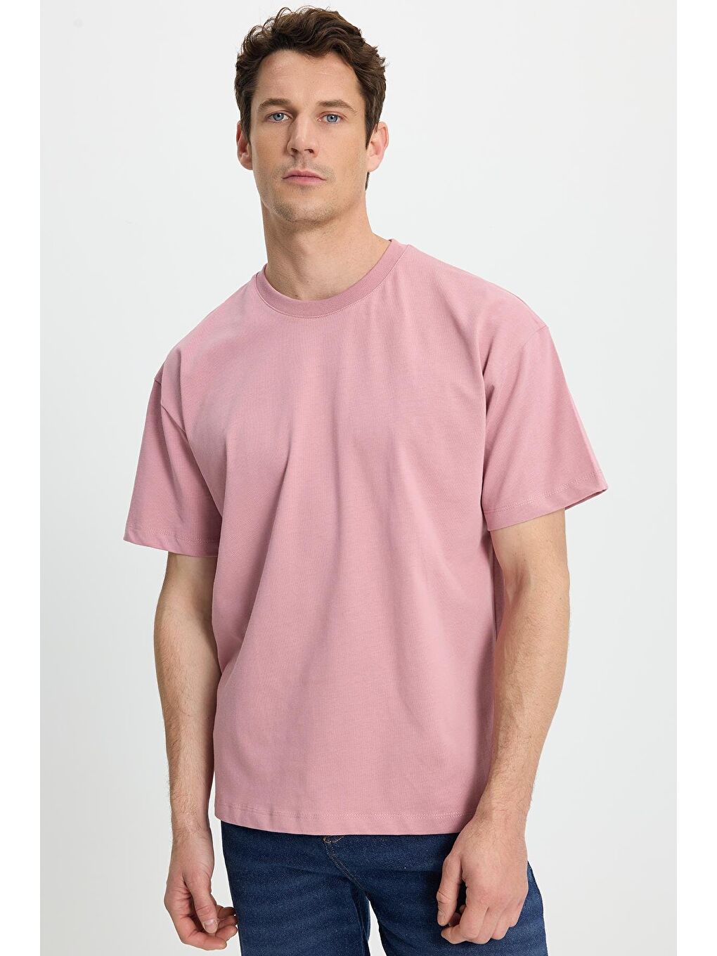 Erkek Boxy Fit Bol Kesim %100 Pamuk Bisiklet Yaka Lila Tişört-4