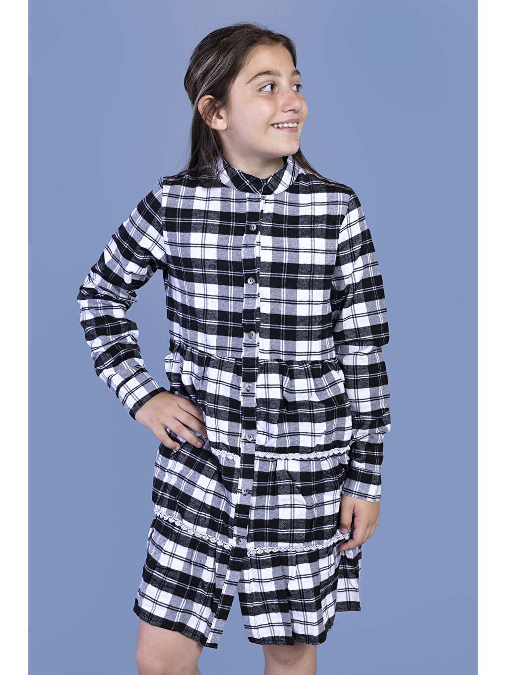 Siyah Kız Çocuk Ekose Desenli Elbise-1