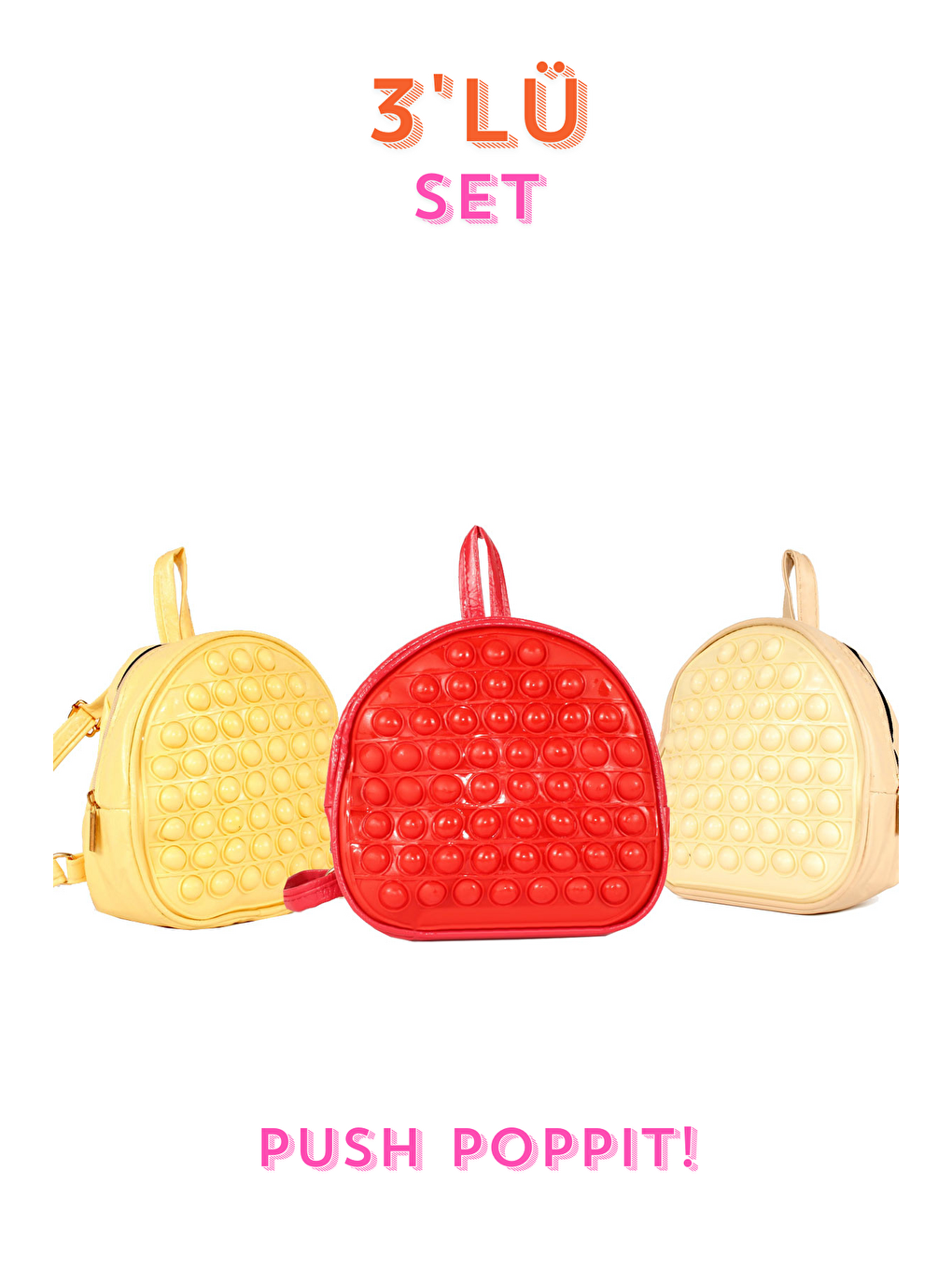 Karışık Unisex Çocuk 3'lü Çanta Set-Pop It Bubble Oyuncak Kreş Anaokulu Sırt Çantası 20x20cm 54 Baloncuklu