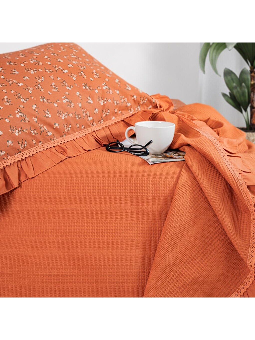 Kahverengi Home Chance Tek Kişilik Pike Takımı 3 Parça-Kiremit-4