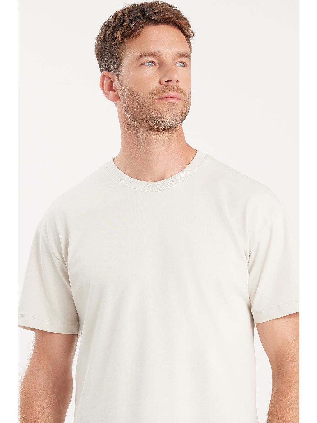 Bej Erkek Boxy Fit Bol Kesim %100 Pamuk Bisiklet Yaka Taş Tişört-1