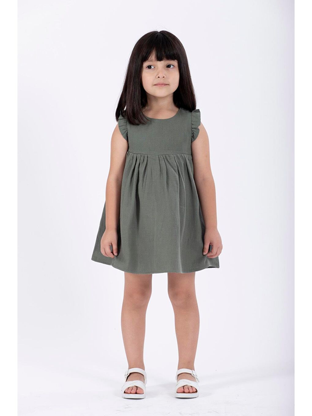 Haki Bisiklet Yaka Omuzları Fırfırlı Kız Çocuk Elbise
