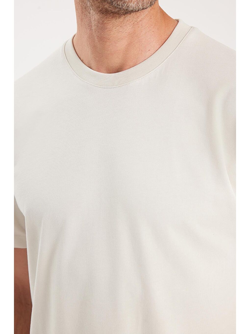 Bej Erkek Boxy Fit Bol Kesim %100 Pamuk Bisiklet Yaka Taş Tişört-2