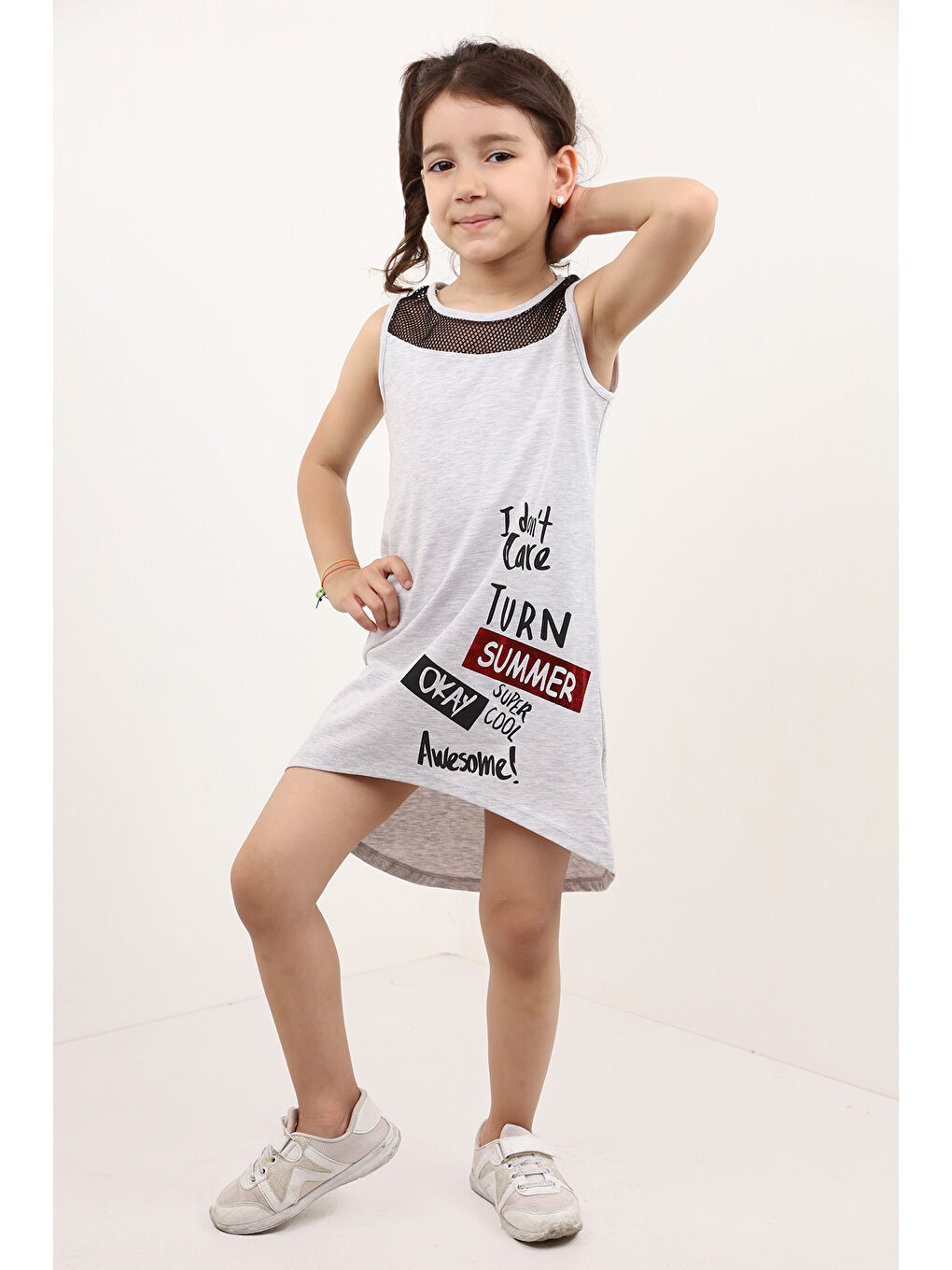 Gri Kız Çocuk Baskılı File Detaylı Elbise