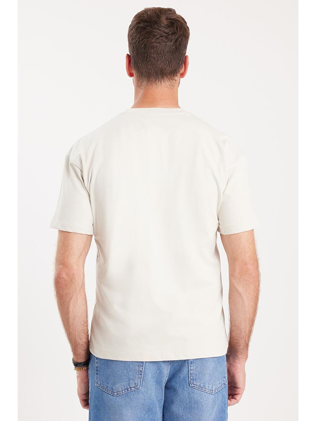 Bej Erkek Boxy Fit Bol Kesim %100 Pamuk Bisiklet Yaka Taş Tişört-6