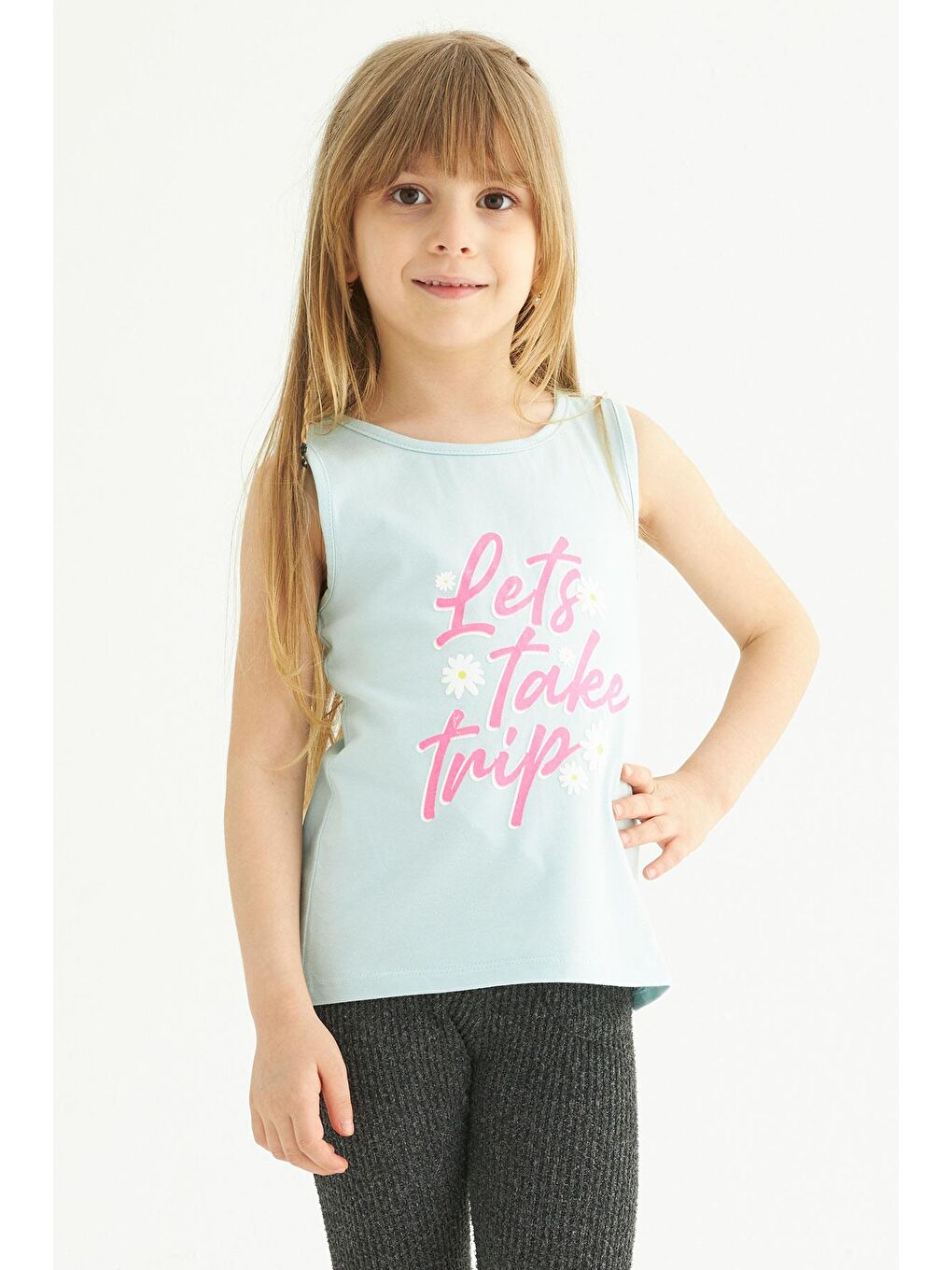 Yeşil Bisiklet Yaka Sıfır Kol Baskılı Mint Renk Kız Çocuk Tshirt