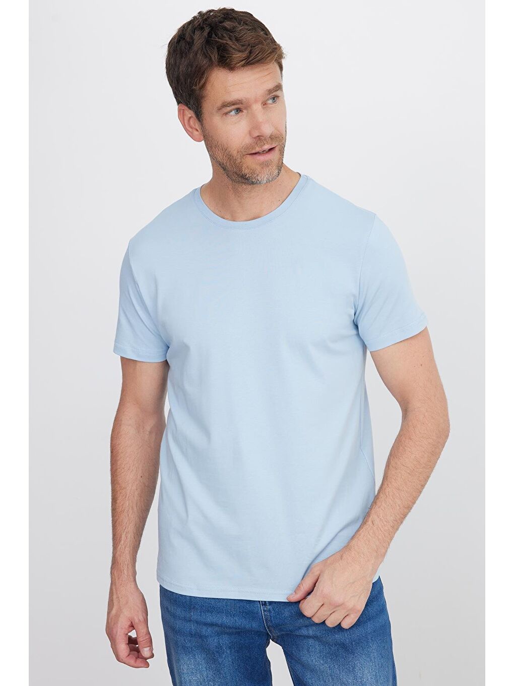 Erkek Slim Fit Dar Kesim Pamuklu Yumuşak Doku Elastanlı Esnek Kumaş Basic Mavi Bisiklet Yaka Tişört-3