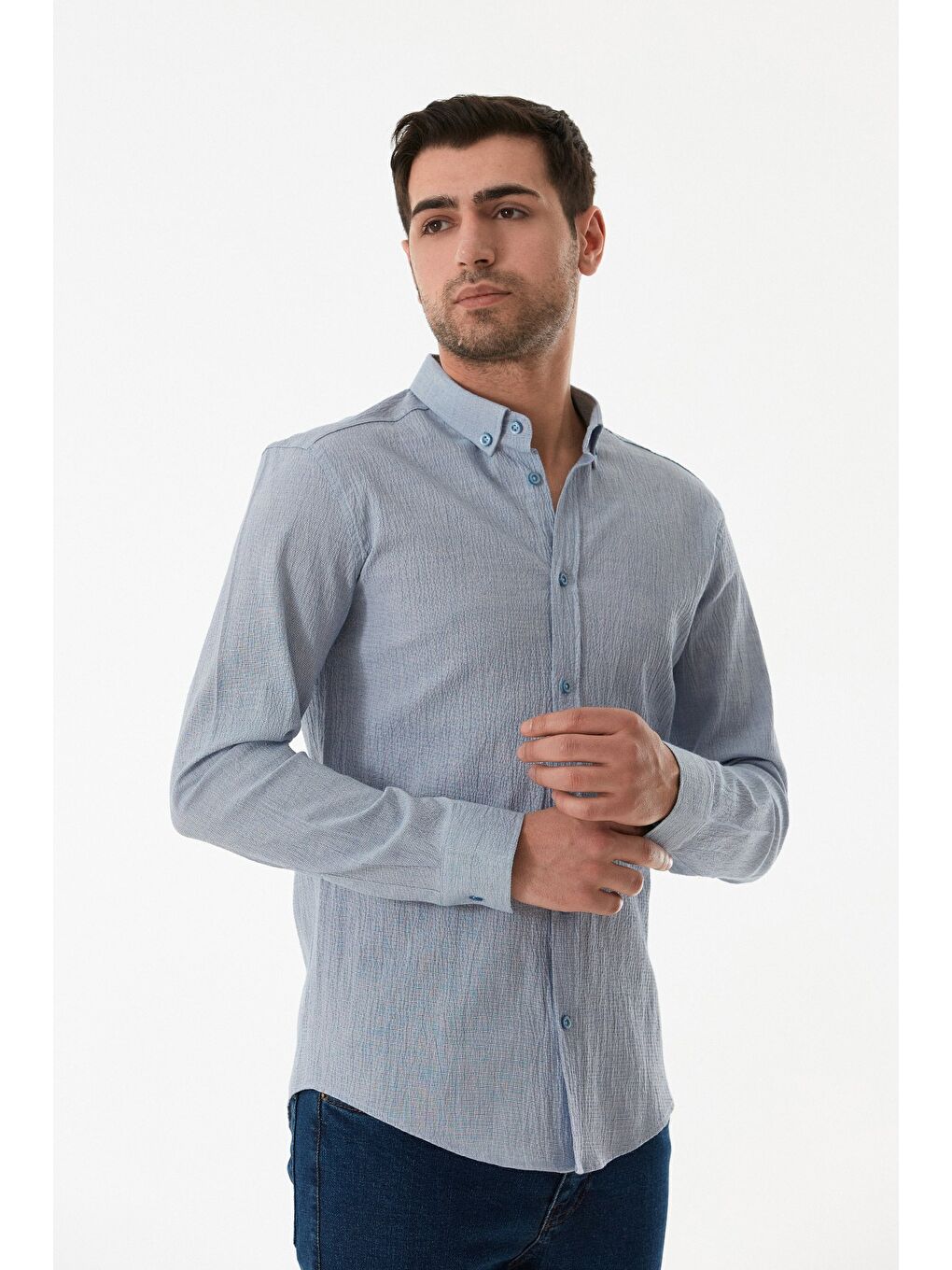 Mavi Krinkıl Kumaş Düğmeli Gömlek