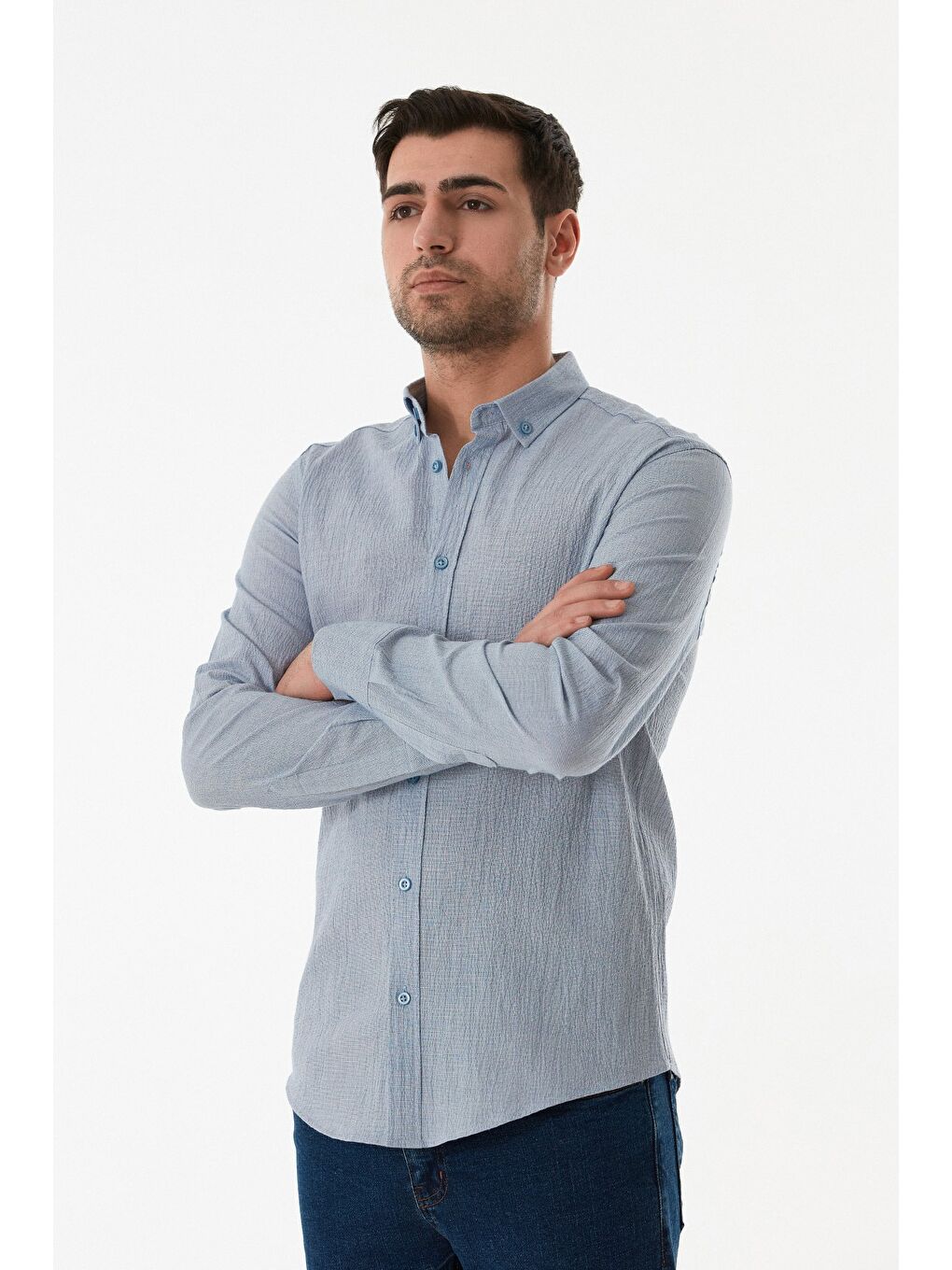 Mavi Krinkıl Kumaş Düğmeli Gömlek-2