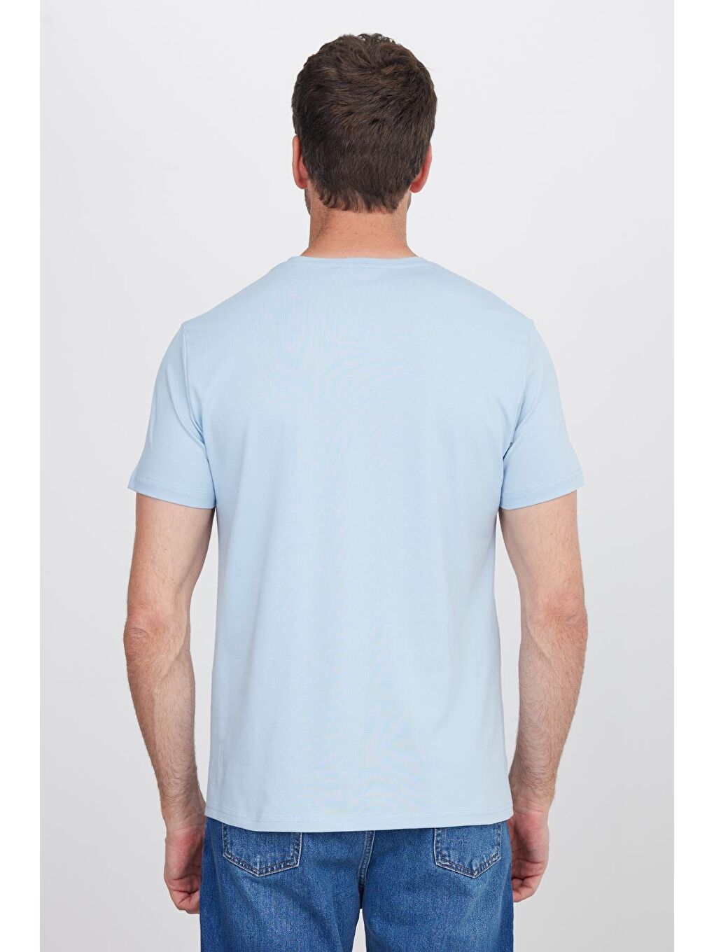 Erkek Slim Fit Dar Kesim Pamuklu Yumuşak Doku Elastanlı Esnek Kumaş Basic Mavi Bisiklet Yaka Tişört-6