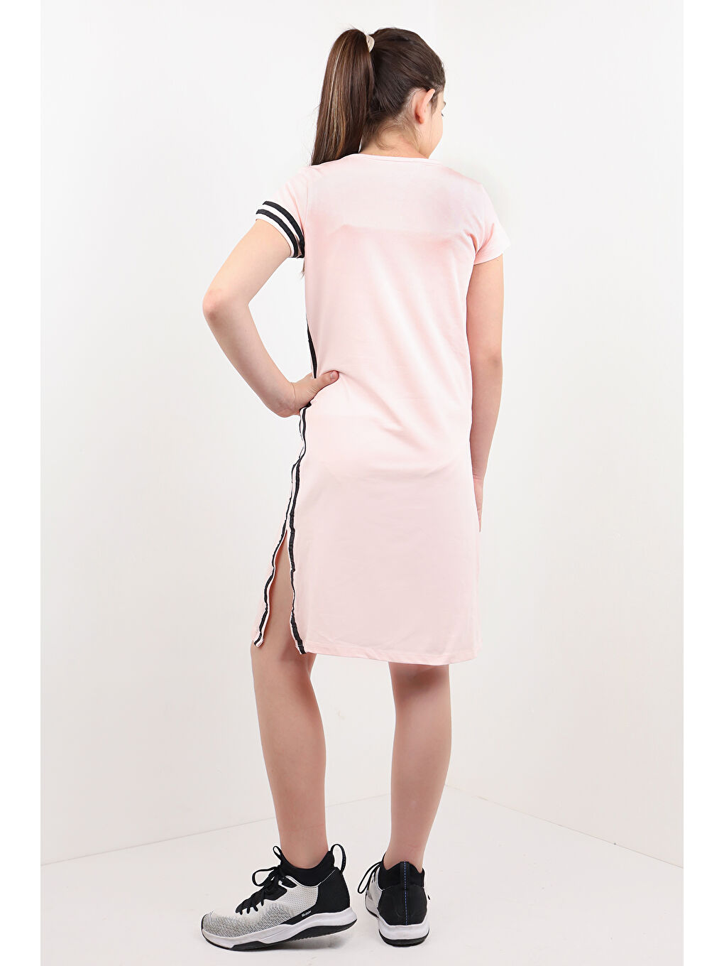 Pembe Kız Çocuk Baskılı Şerit Detaylı Elbise-6