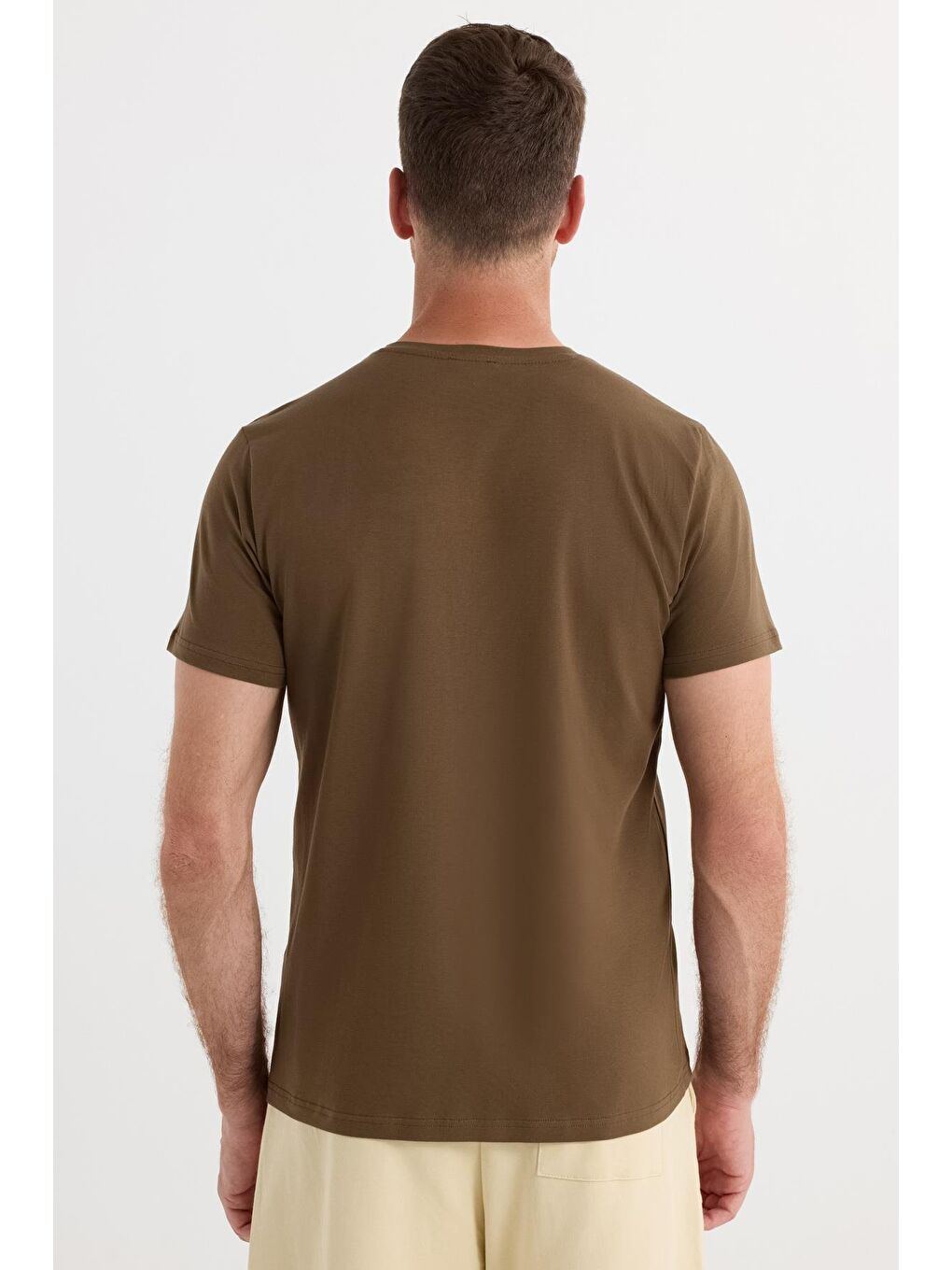 Erkek Slim Fit Dar Kesim Pamuklu Yumuşak Doku Elastanlı Esnek Kumaş Kahverengi Bisiklet Yaka Tişört-6