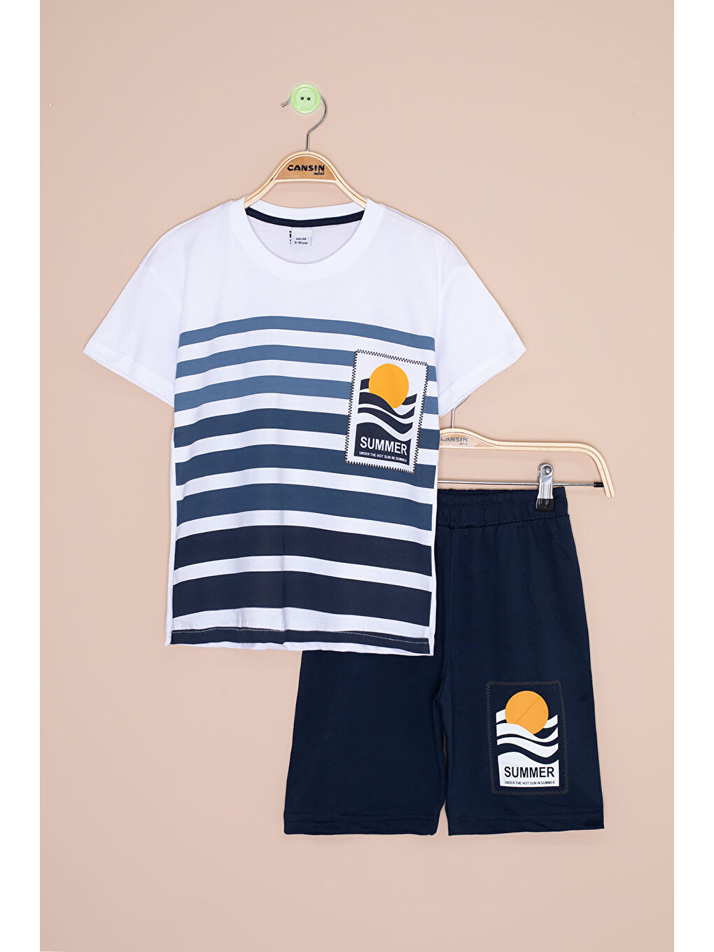Lacivert Çizgi Desenli Summer Baskı Erkek Çocuk Şortlu Takım 20647