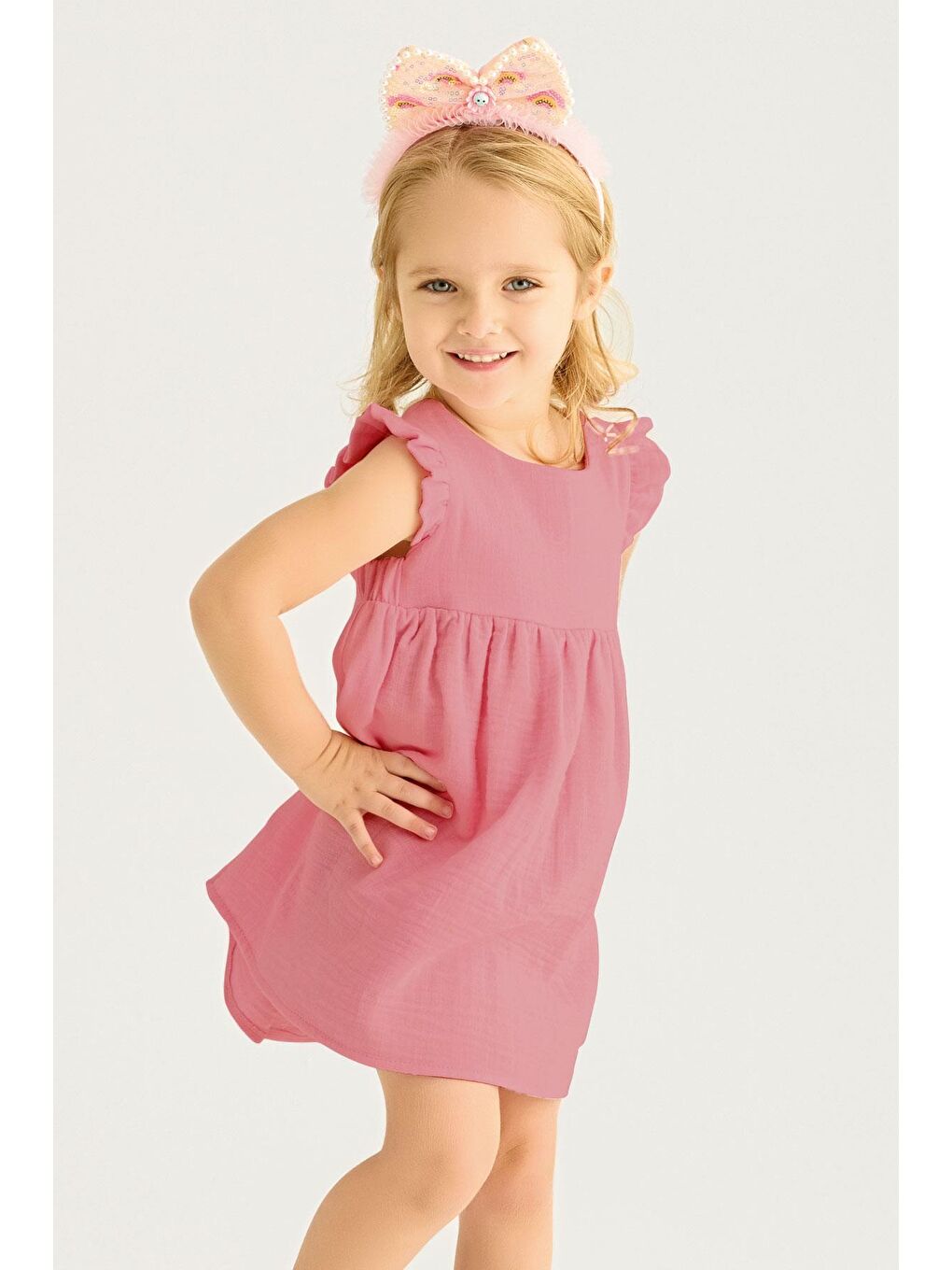 Pembe Bisiklet Yaka Omuzları Fırfırlı Kız Çocuk Elbise