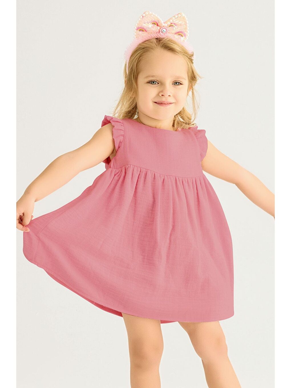 Pembe Bisiklet Yaka Omuzları Fırfırlı Kız Çocuk Elbise-1
