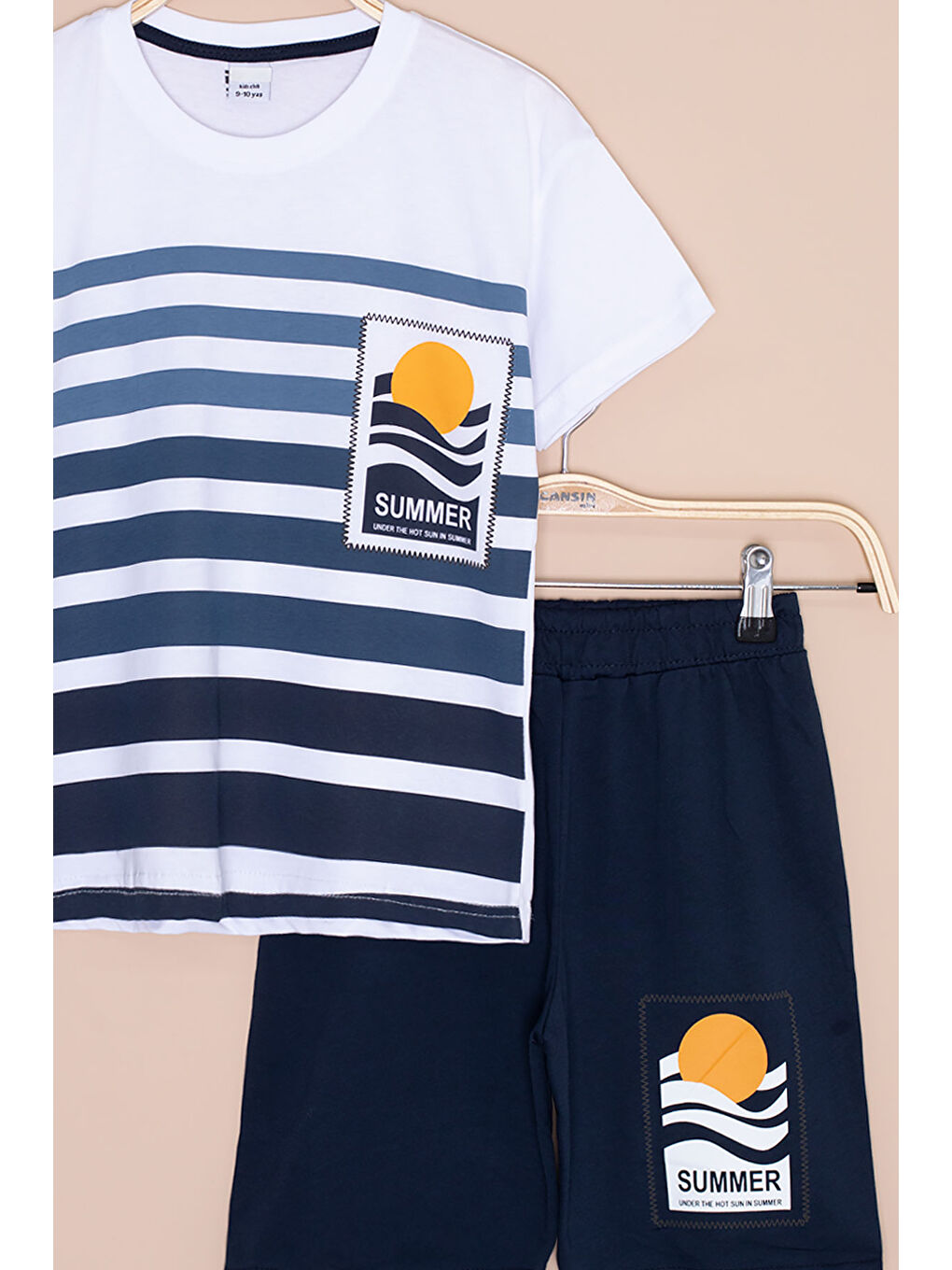 Lacivert Çizgi Desenli Summer Baskı Erkek Çocuk Şortlu Takım 20647-2