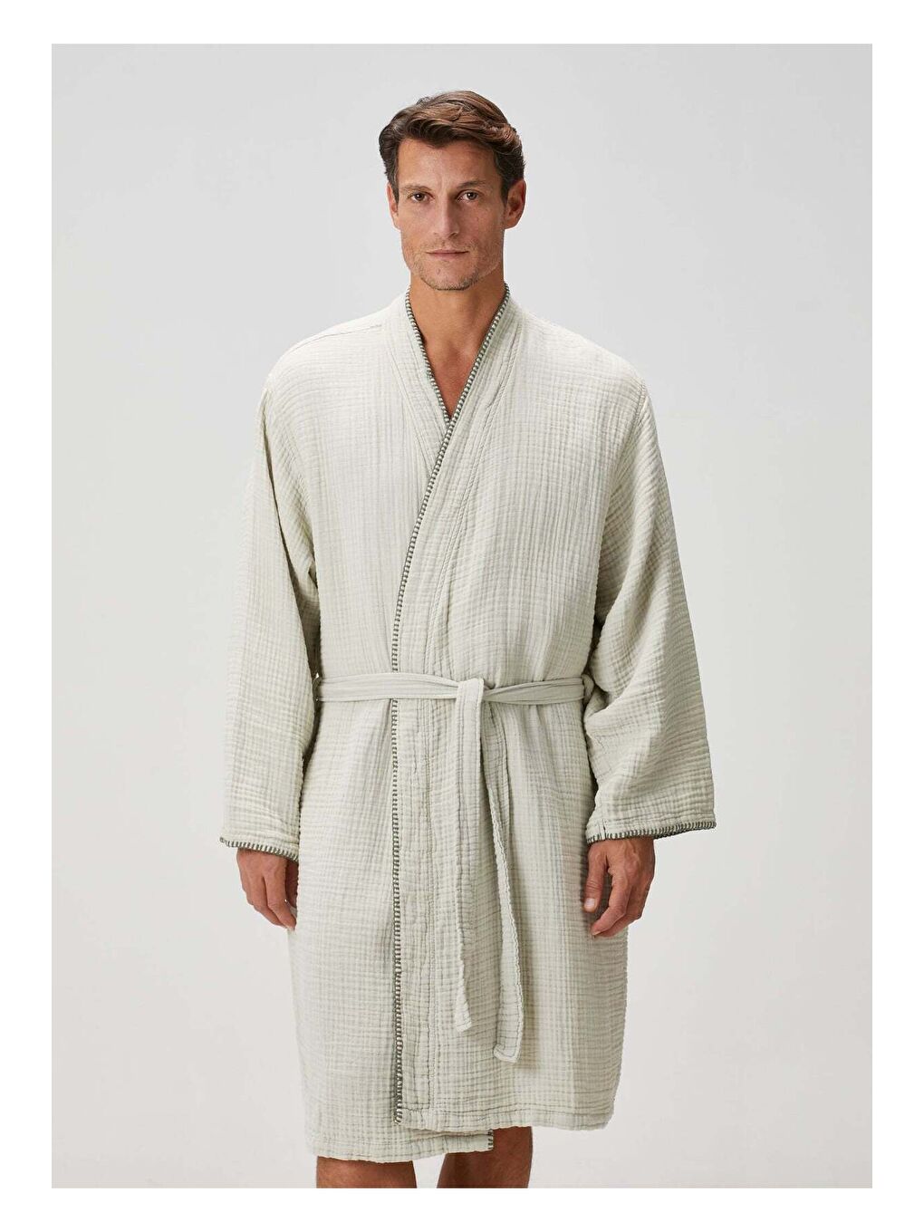 Turkuaz Loom 4 Katlı Müslin Çoban Dikişli Erkek Bornoz Adaçayı-1