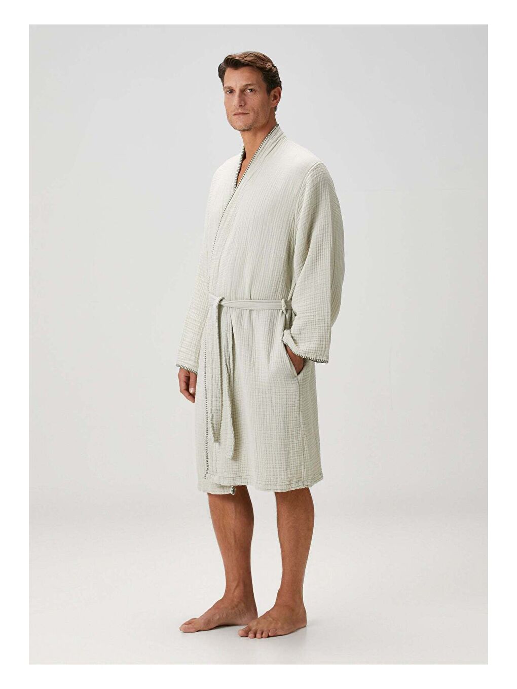 Turkuaz Loom 4 Katlı Müslin Çoban Dikişli Erkek Bornoz Adaçayı-2