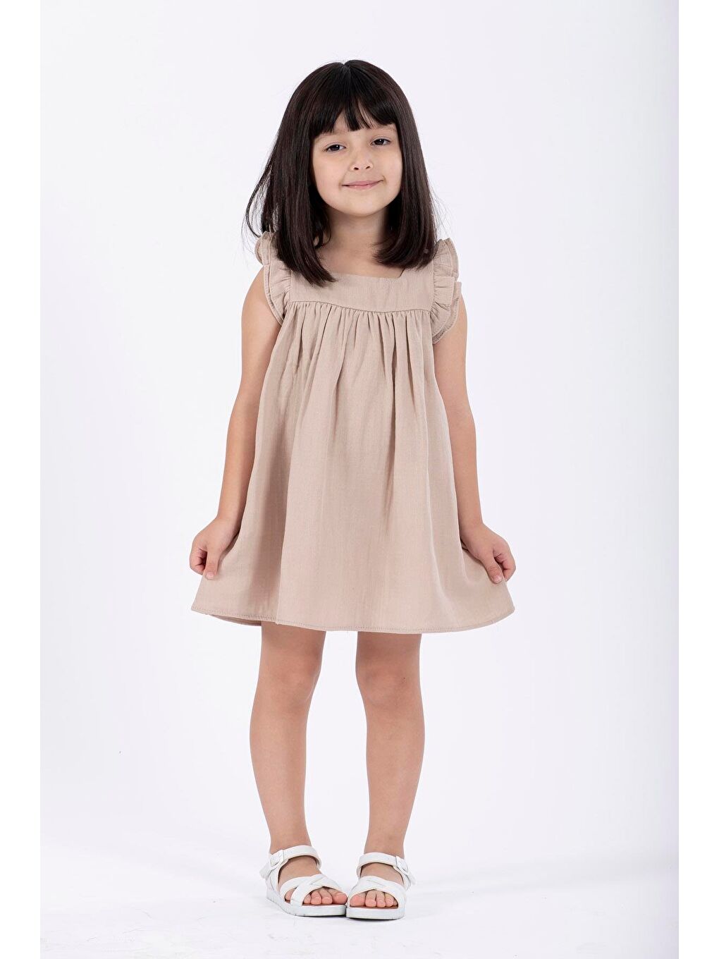 Bej Bisiklet Yaka Omuzları Fırfırlı Kız Çocuk Elbise