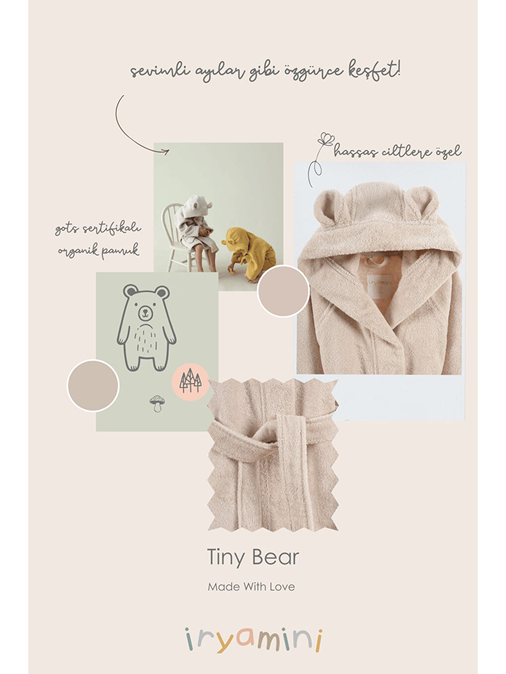 Tiny Bear Organik Pamuk Çocuk Bornoz Bej-4