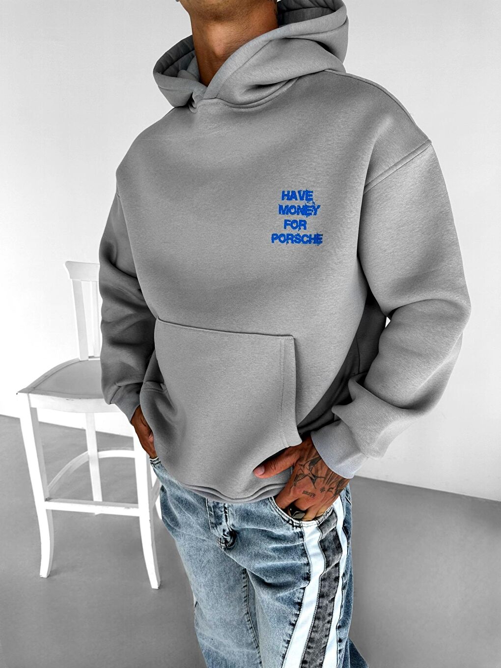 ablukaonline Gri Erkek Oversize Baskılı Kapüşonlu Sweatshirt Gri