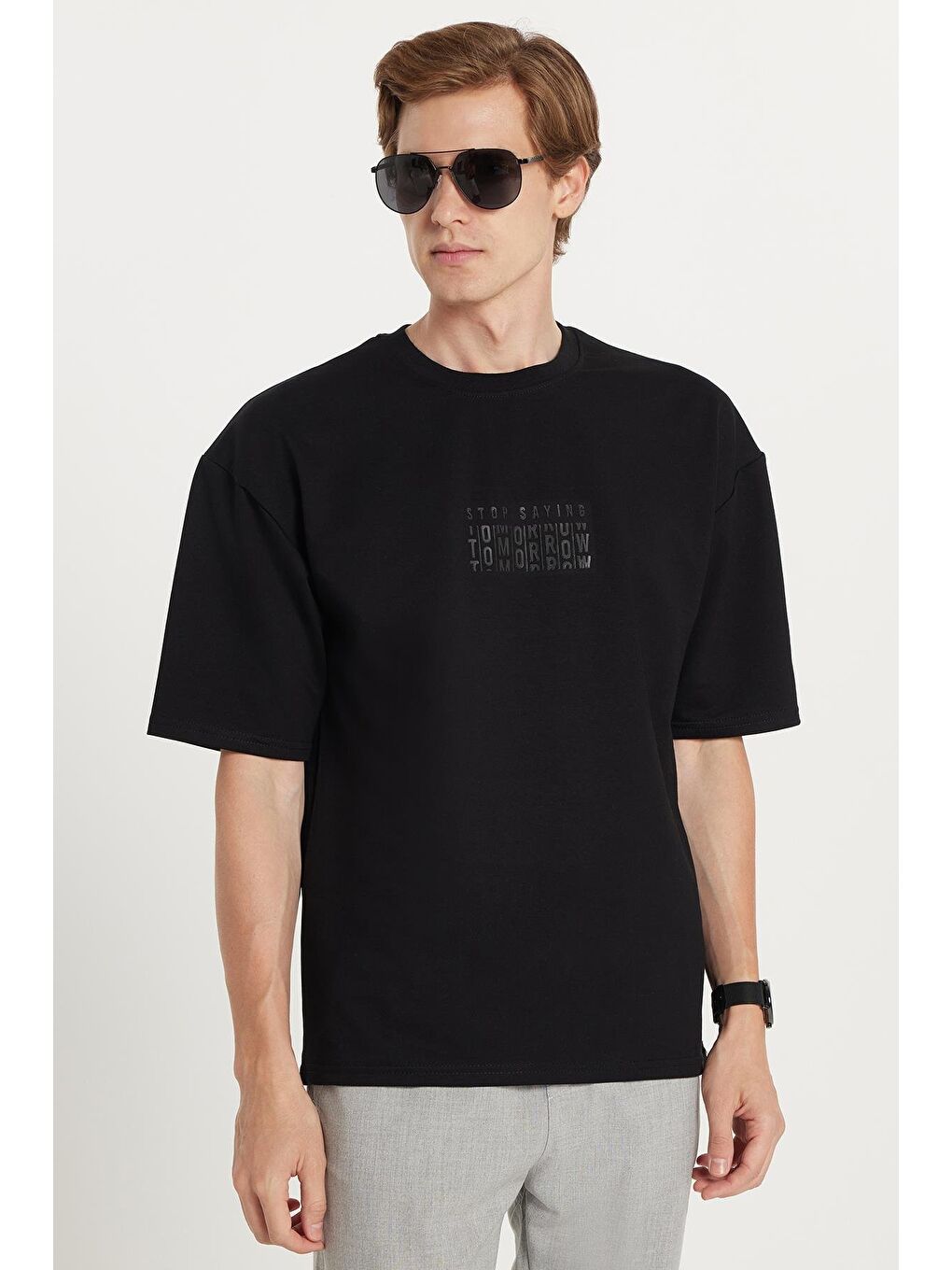 Erkek Oversize Geniş Kesim Pamuklu Baskılı Bisiklet Yaka Siyah Tişört