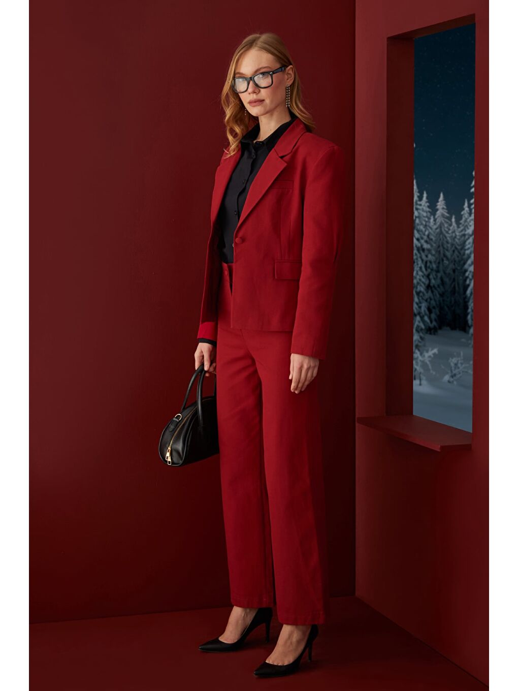 Bordo Fermuarlı Keten Görünümlü Palazzo Pantolon-1