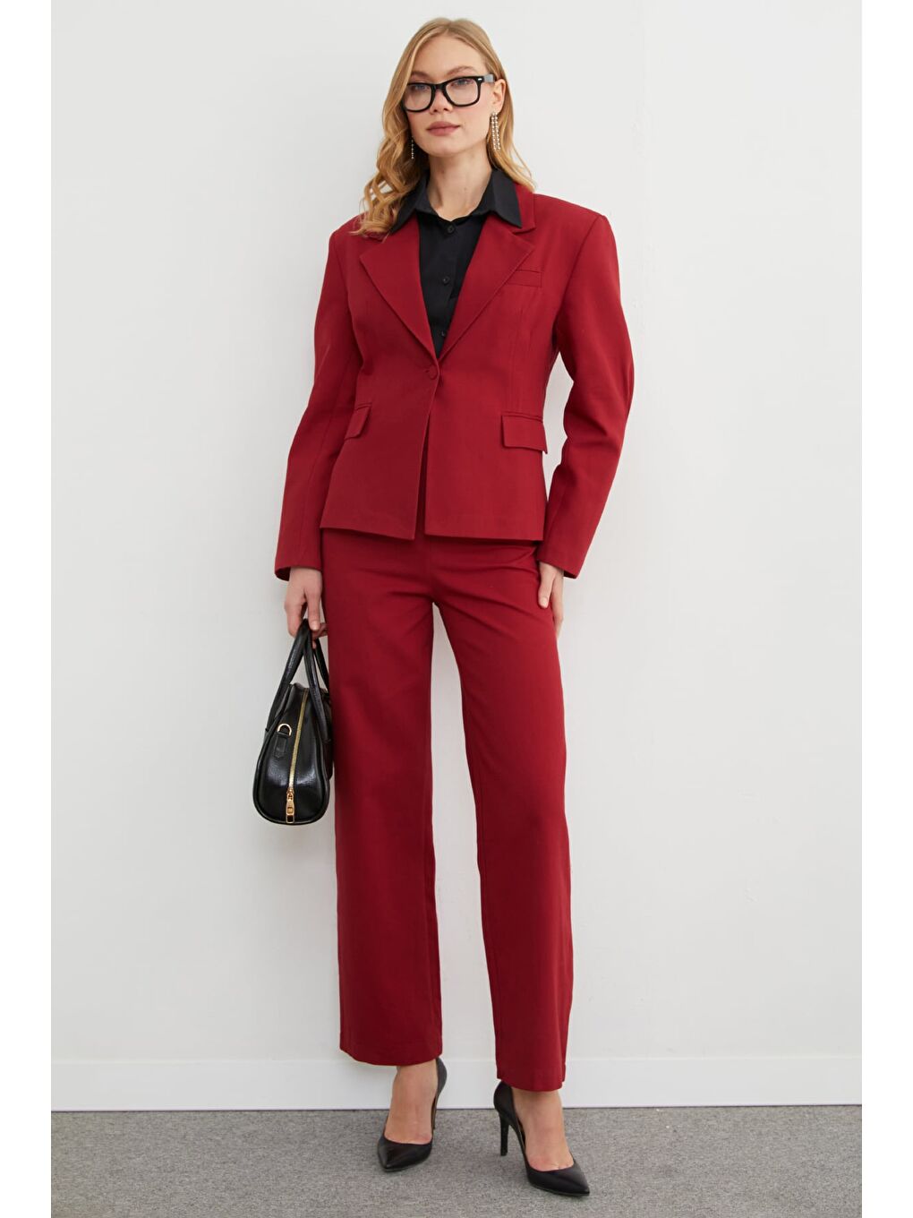 Bordo Fermuarlı Keten Görünümlü Palazzo Pantolon-2