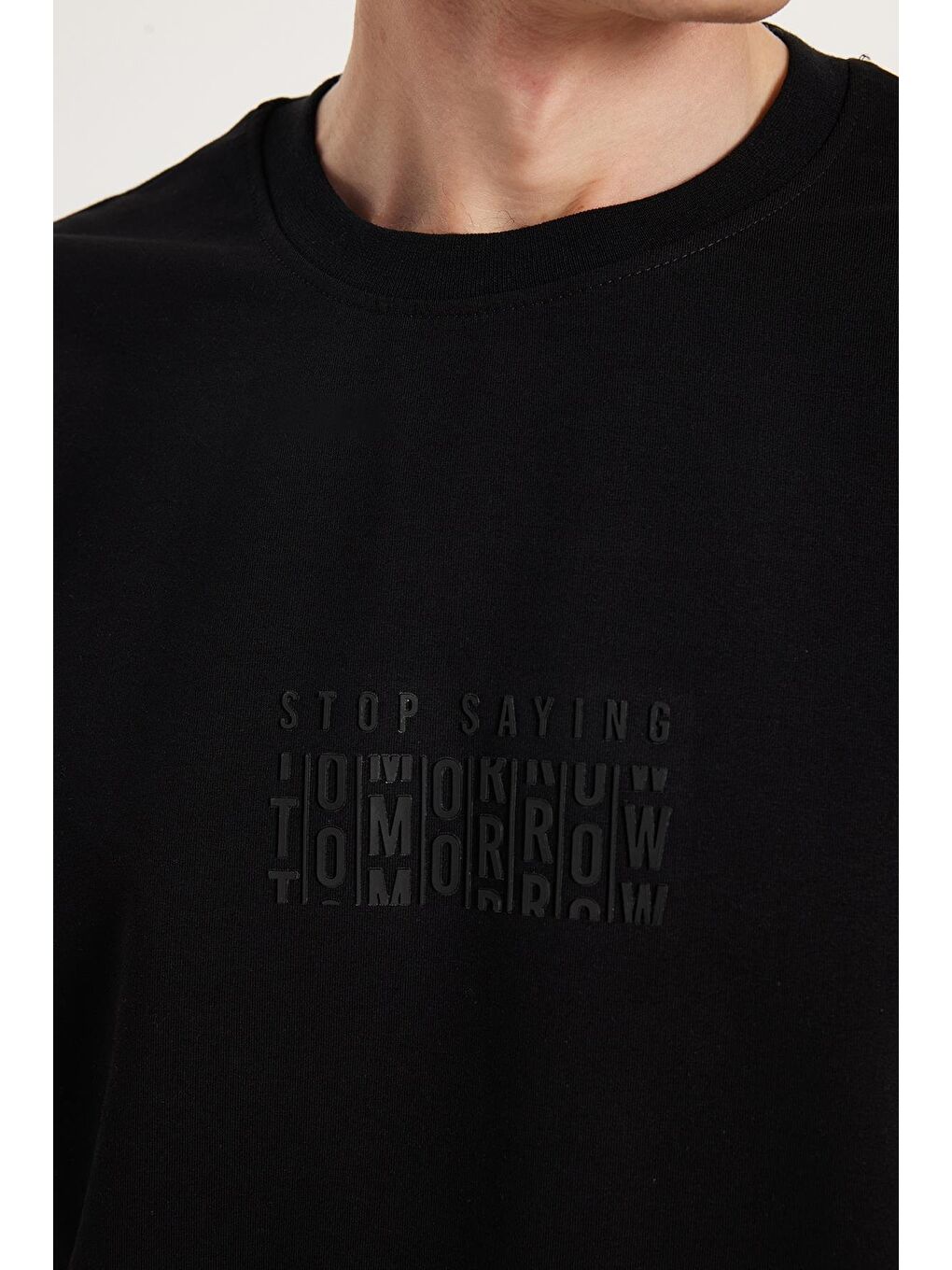 Erkek Oversize Geniş Kesim Pamuklu Baskılı Bisiklet Yaka Siyah Tişört-2