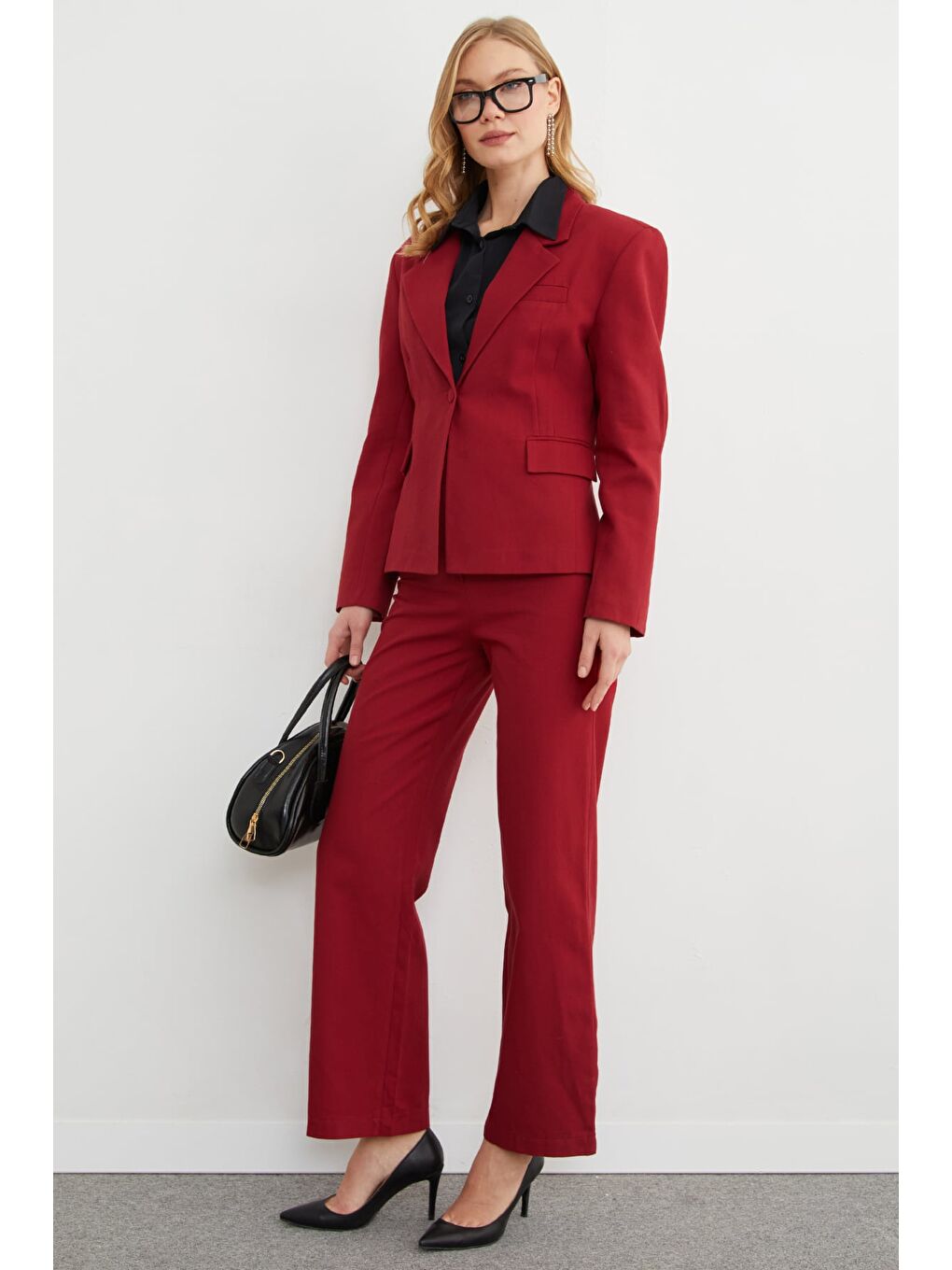 Bordo Fermuarlı Keten Görünümlü Palazzo Pantolon-3