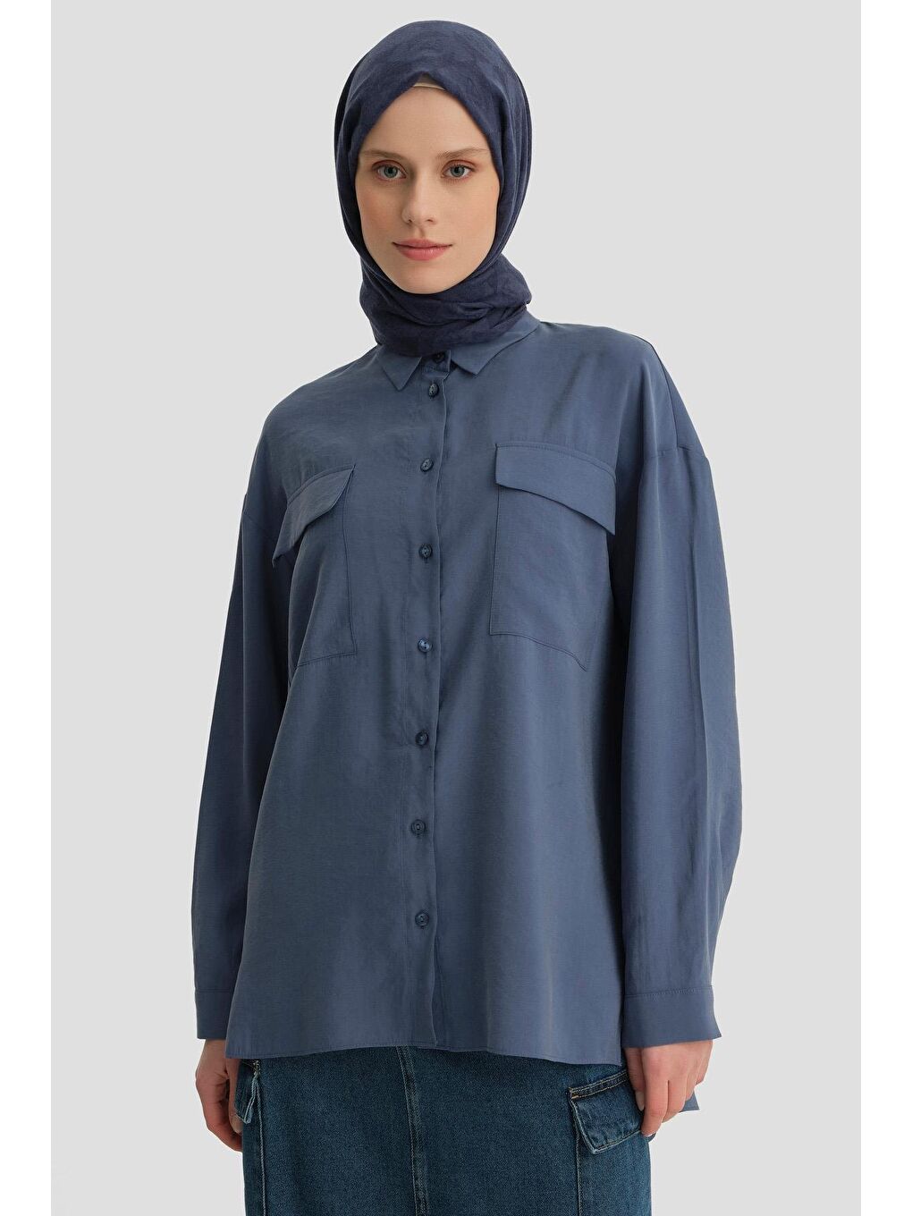 Mavi Cep Kapaklı Oversize Gömlek Ort3635 İndigo-1