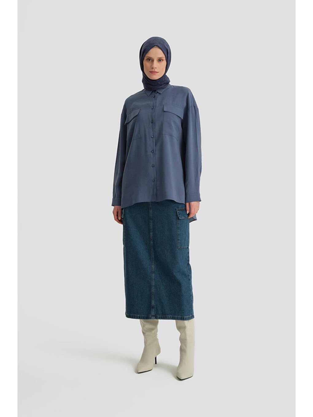 Mavi Cep Kapaklı Oversize Gömlek Ort3635 İndigo-2