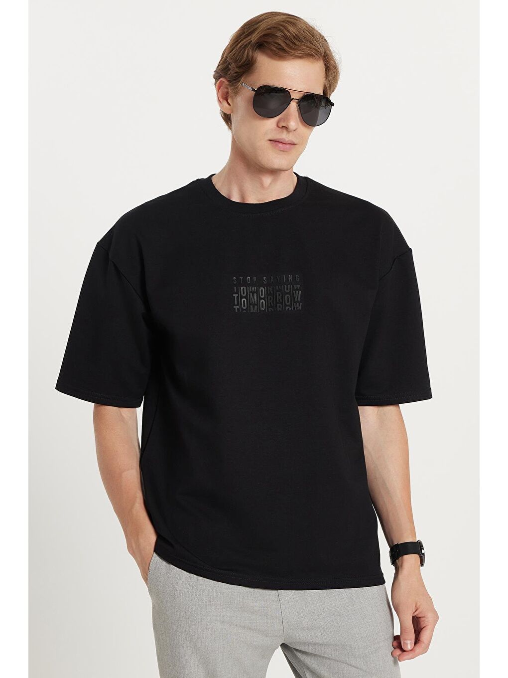 Erkek Oversize Geniş Kesim Pamuklu Baskılı Bisiklet Yaka Siyah Tişört-3