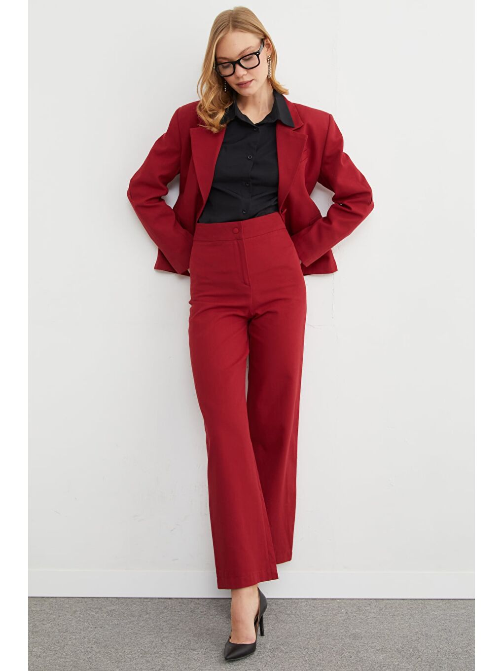 Bordo Fermuarlı Keten Görünümlü Palazzo Pantolon-4