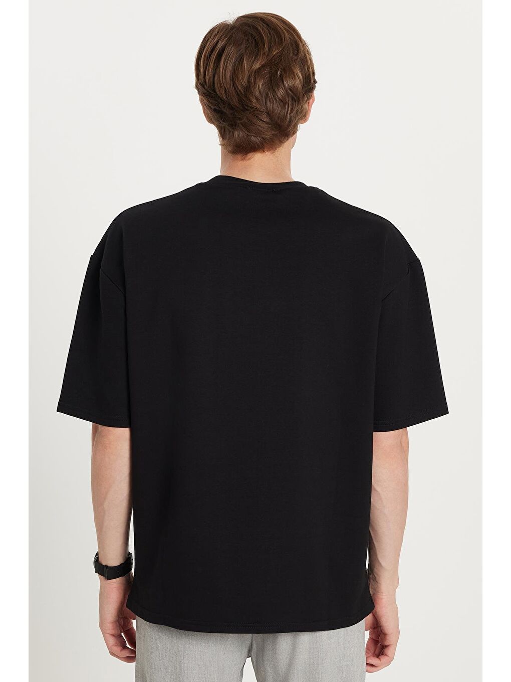 Erkek Oversize Geniş Kesim Pamuklu Baskılı Bisiklet Yaka Siyah Tişört-4