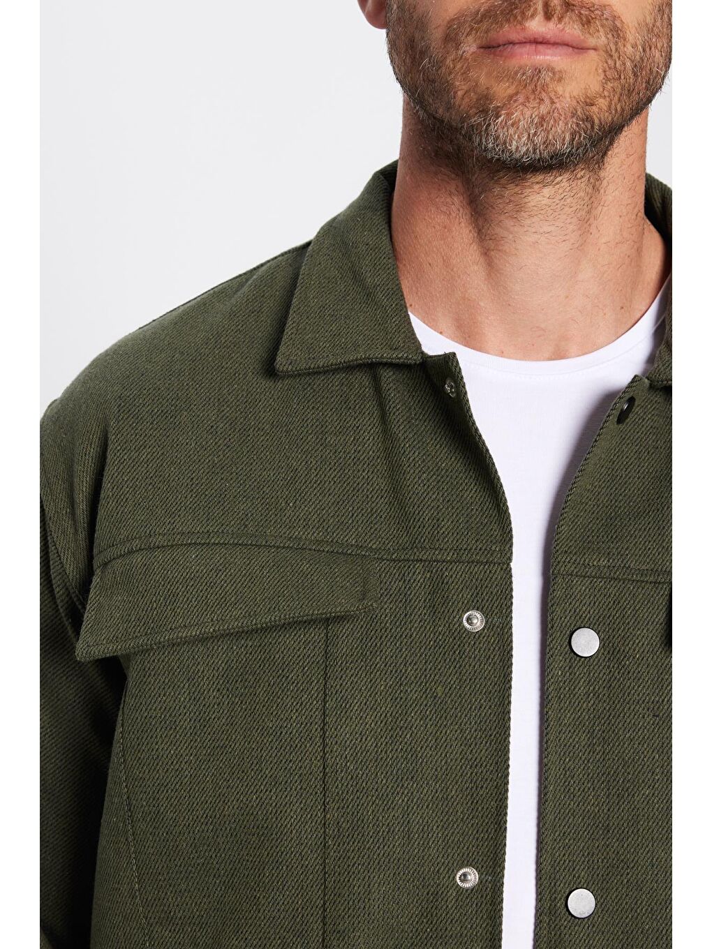 Erkek Relax Fit Rahat Kesim Oduncu Apaş Yaka Çift Cepli Kapaklı Düz Haki Kışlık Gömlek-3