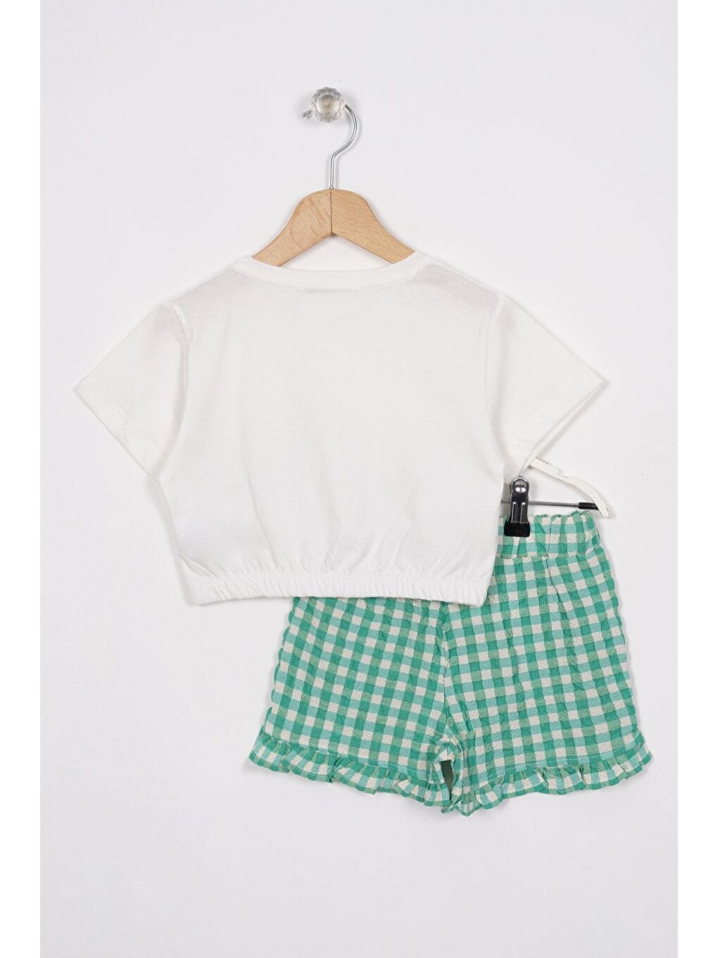 Lila Fırfır Detaylı Ekru Yeşil Renk Kız Çocuk Şortlu Takım-2