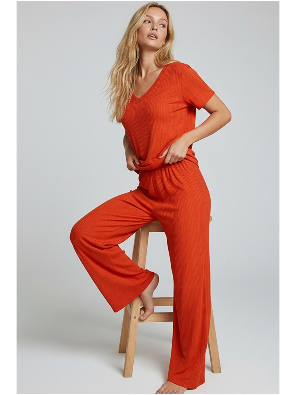 Turuncu Soft Touch Ince Örme Pijama Takım-1