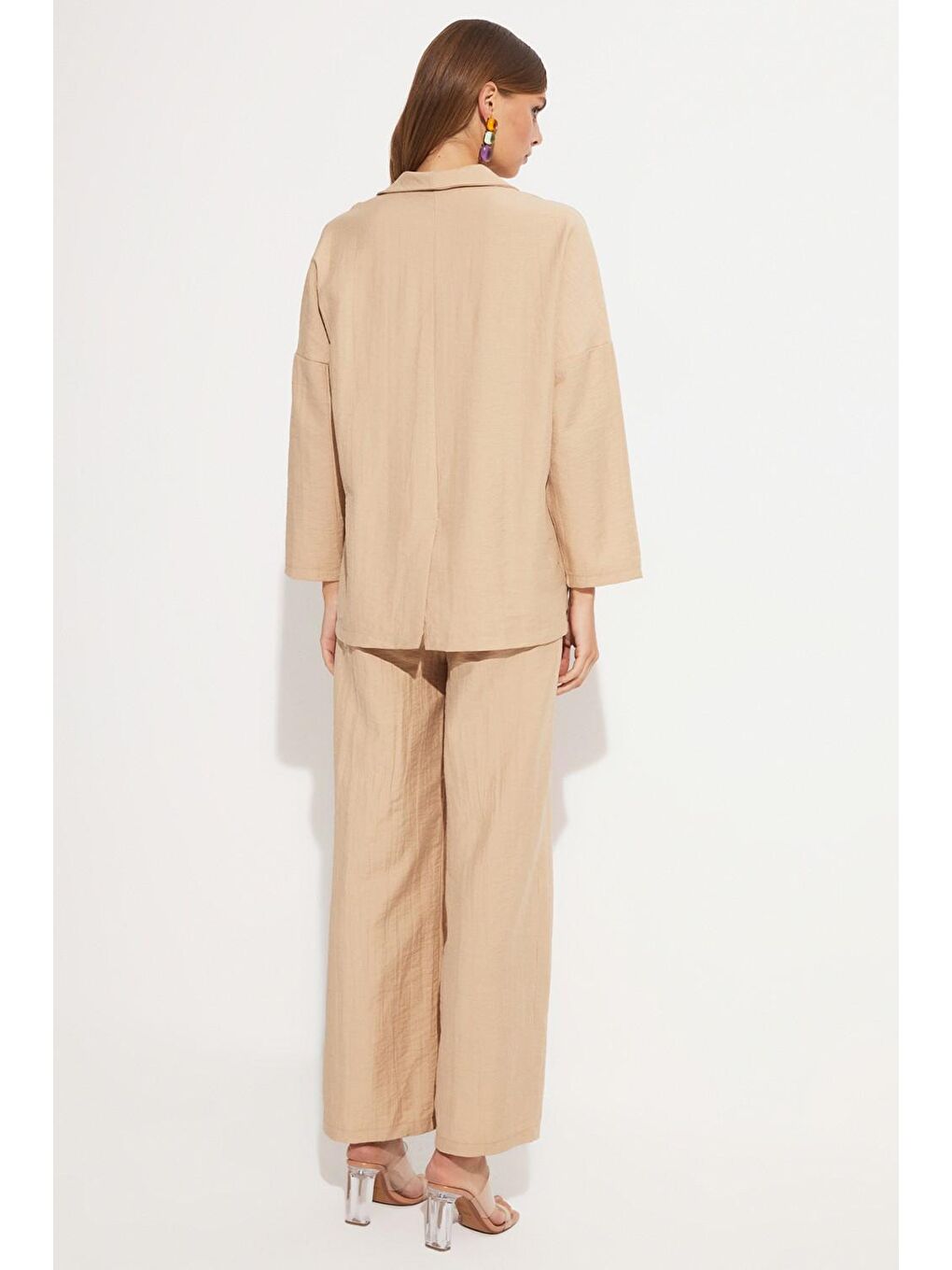 Kahverengi Kadın Geniş Kalıp Kruvaze Ceket Pantolon Dokuma Takım-3