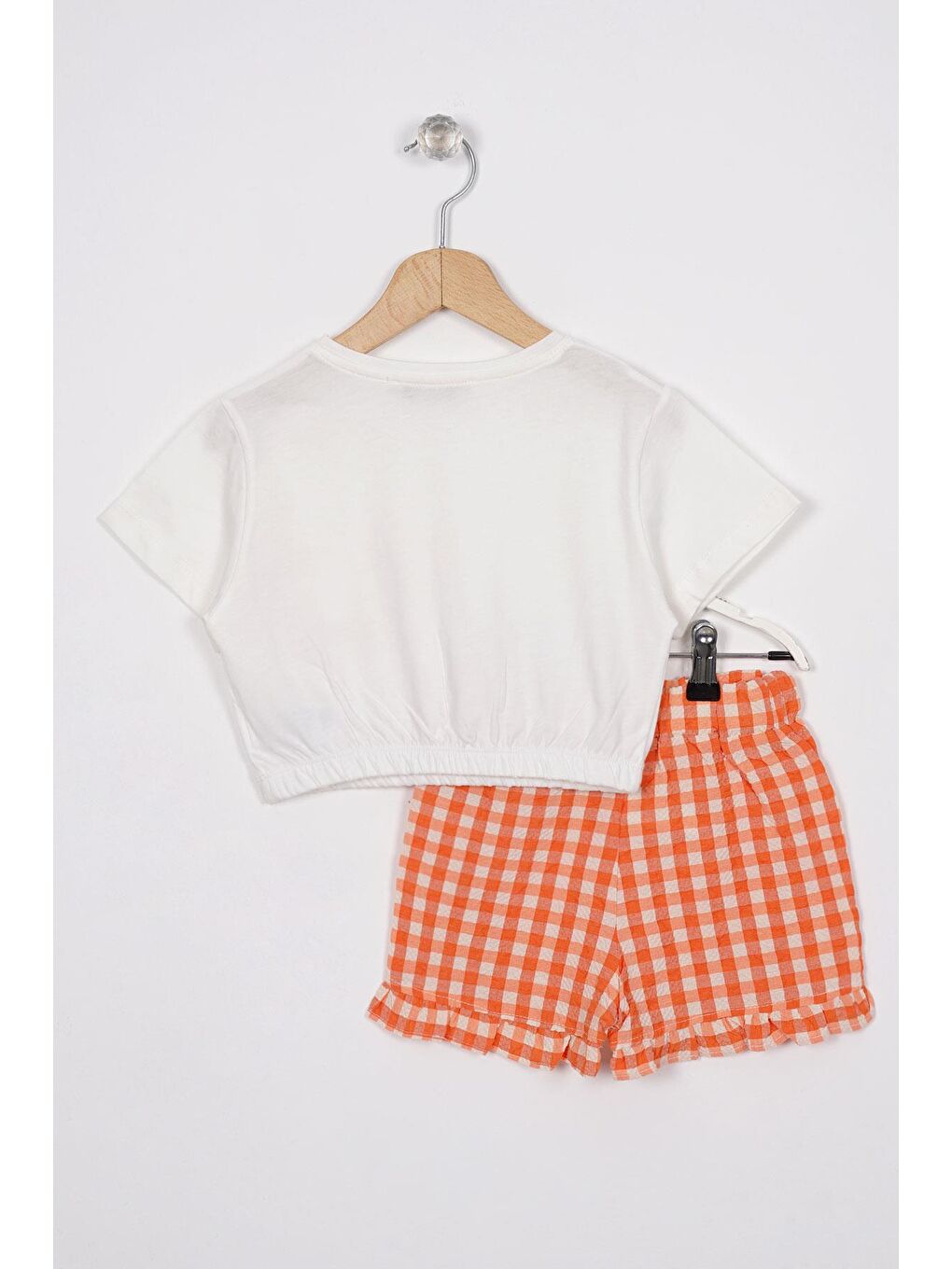 Lila Fırfır Detaylı Ekru Oranj Renk Kız Çocuk Şortlu Takım-2