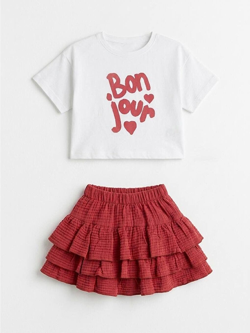 Beyaz Kız Çocuk Pamuklu Bonjour Baskılı T-Shirt Fırfırlı Etek Takım-2