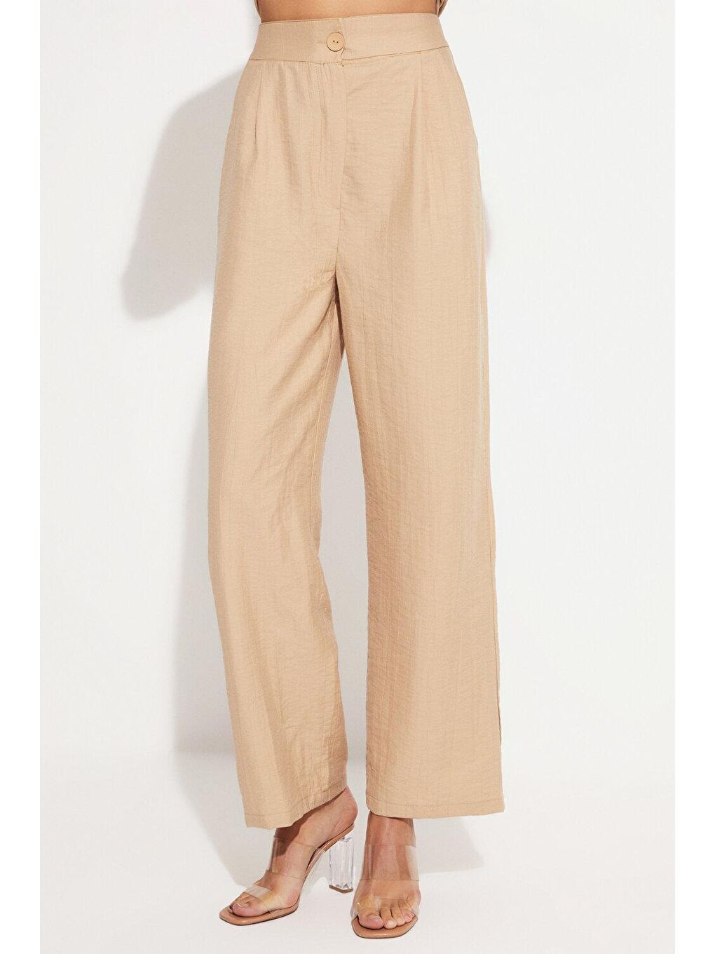 Kahverengi Kadın Geniş Kalıp Kruvaze Ceket Pantolon Dokuma Takım-4