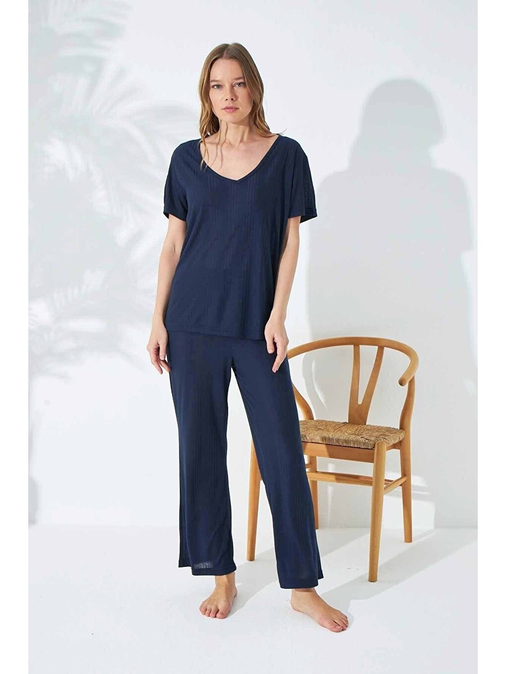 Lacivert Soft Touch Ince Örme Pijama Takım-1