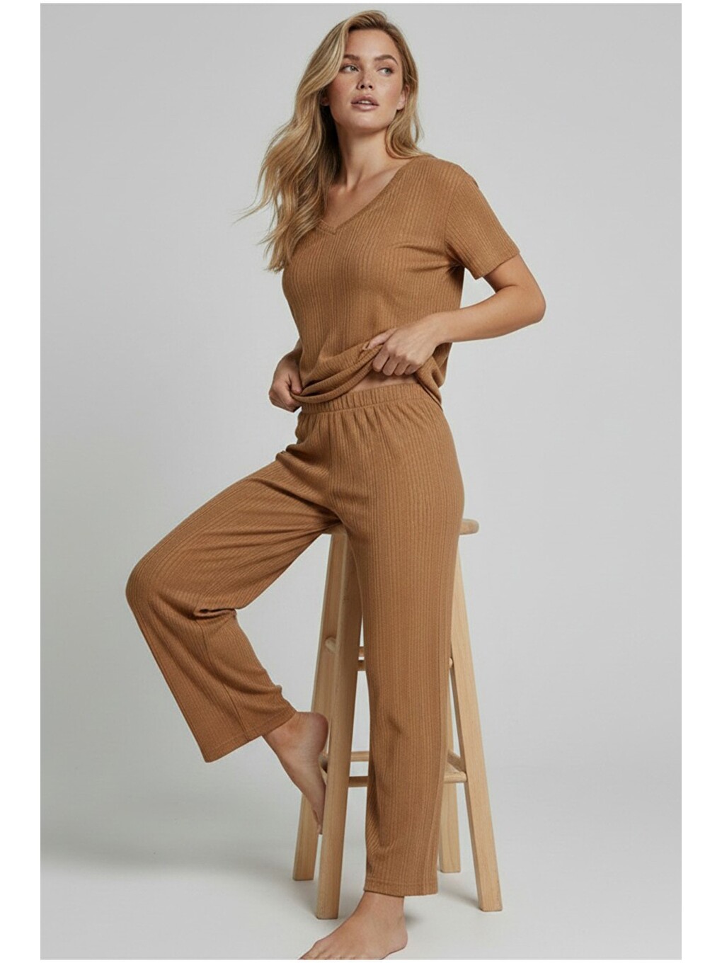 Kahverengi Soft Touch Ince Örme Pijama Takım-1