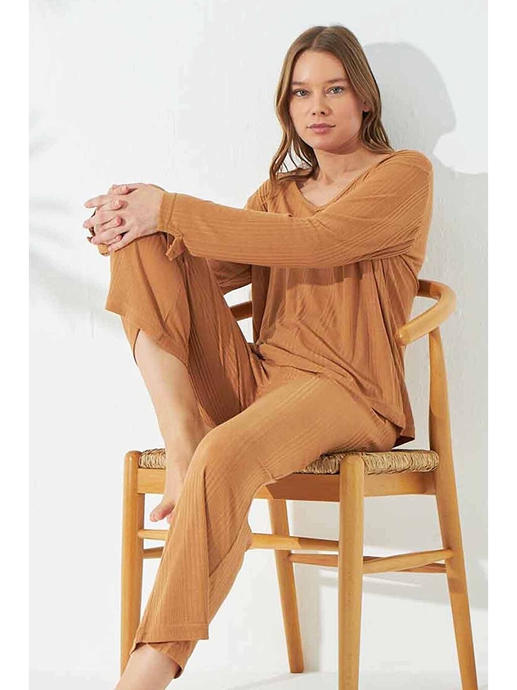 Kahverengi Soft Touch Ince Örme Pijama Takım