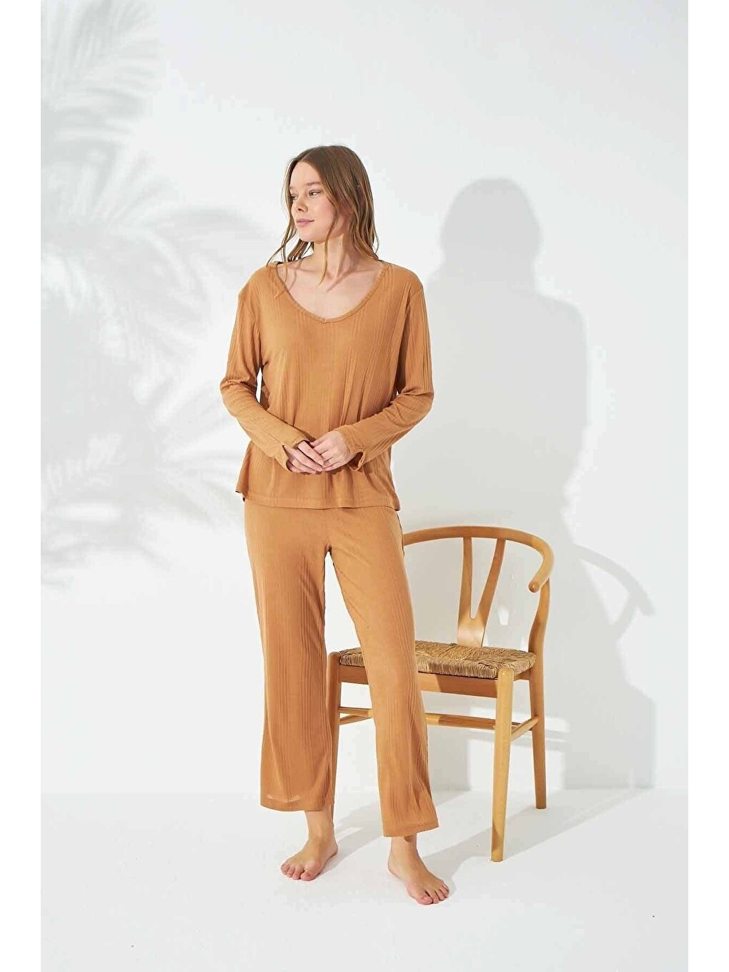 Kahverengi Soft Touch Ince Örme Pijama Takım-1