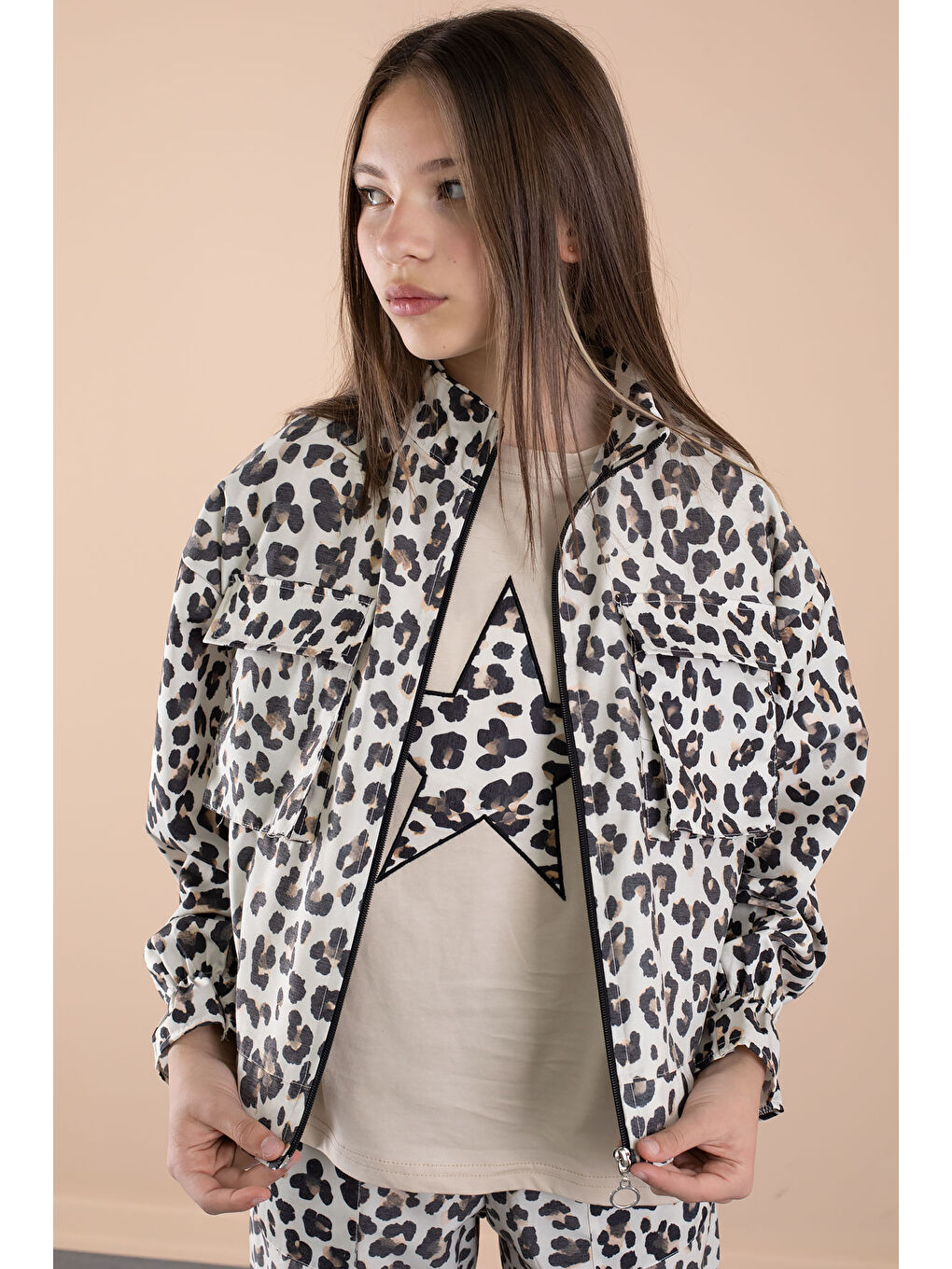Ekru Krem Leopar Desenli Paraşüt Ceketli Bisiklet Yaka Tişörtlü Kız Çocuk 3lü Takım 20637-4