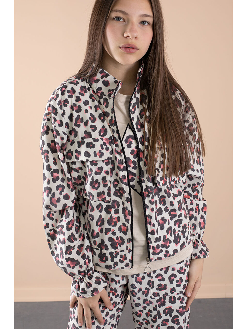 Kırmızı Leopar Desenli Paraşüt Ceketli Bisiklet Yaka Tişörtlü Kız Çocuk 3lü Takım 20639-1